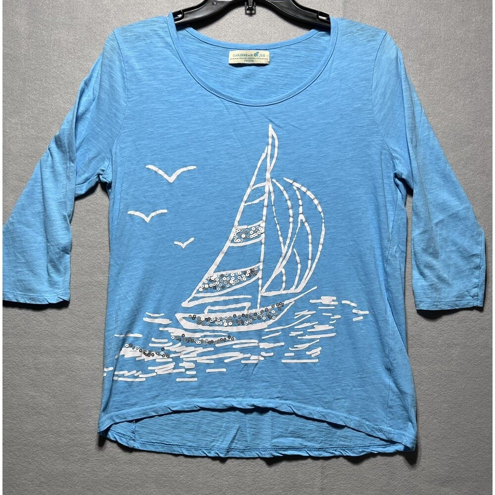 Caribbean Joe Petite Women’s Blue Sailboat Sequin 3/4 Sleeve Top Coastal